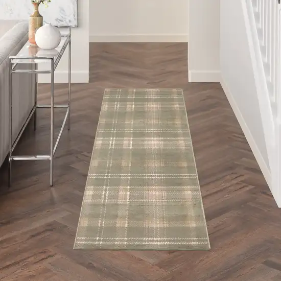 10' Olive Green and Ivory Plaid Runner Rug Photo 7