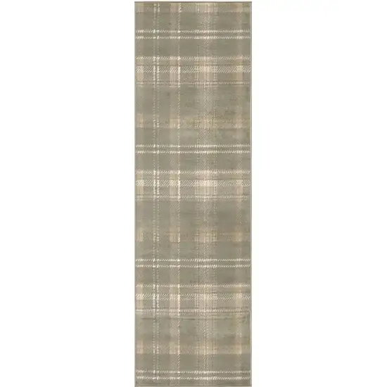 10' Olive Green and Ivory Plaid Runner Rug Photo 4