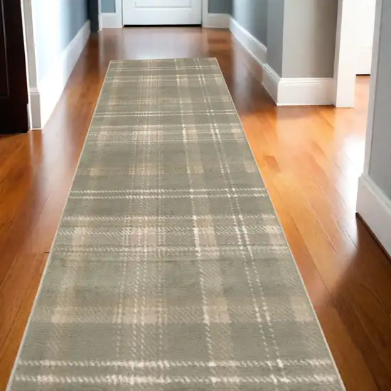 10' Olive Green and Ivory Plaid Runner Rug Photo 1