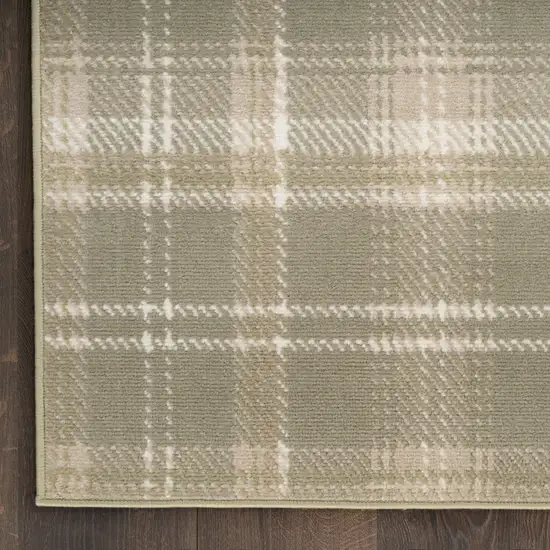 10' Olive Green and Ivory Plaid Runner Rug Photo 5