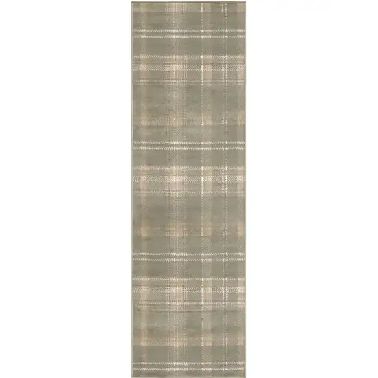 10' Olive Green and Ivory Plaid Runner Rug Photo 2