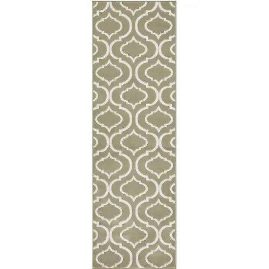 7' Olive Green and Ivory Trellis Non Skid Runner Rug Photo 2