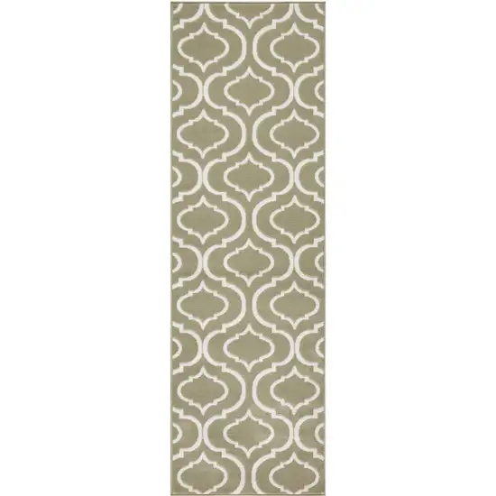 7' Olive Green and Ivory Trellis Non Skid Runner Rug Photo 5