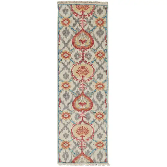 8' Orange And Gray Wool Floral Hand Knotted Stain Resistant Runner Rug Photo 1