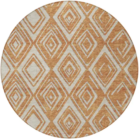 8' Orange And Ivory Round Geometric Washable Indoor Outdoor Area Rug Photo 6