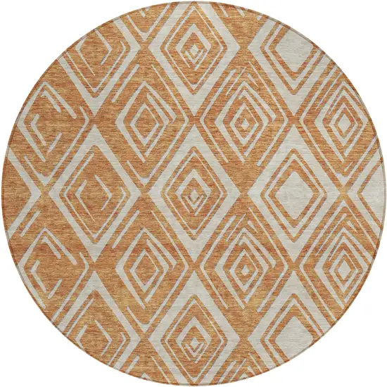 8' Orange And Ivory Round Geometric Washable Indoor Outdoor Area Rug Photo 2