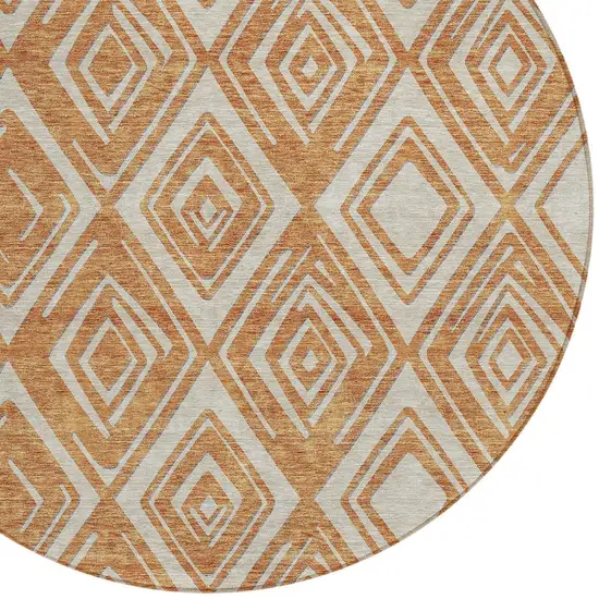 8' Orange And Ivory Round Geometric Washable Indoor Outdoor Area Rug Photo 4