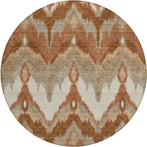 Photo of 8' Orange Beige And Copper Round Ikat Washable Indoor Outdoor Area Rug