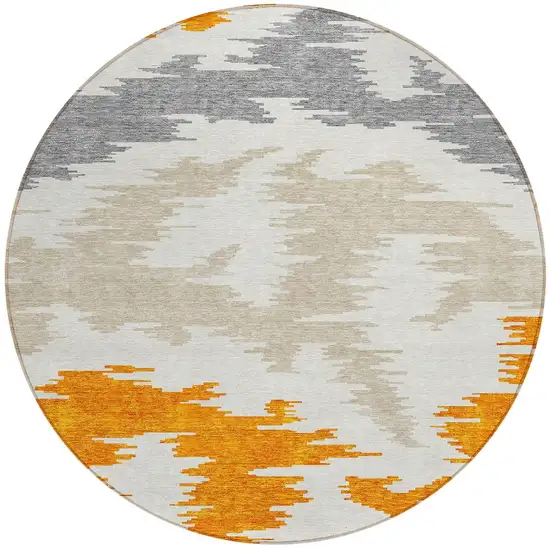 8' Orange Beige And Ivory Round Abstract Washable Indoor Outdoor Area Rug Photo 5