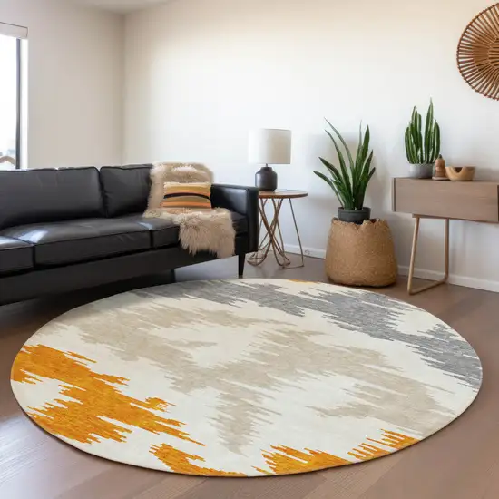 8' Orange Beige And Ivory Round Abstract Washable Indoor Outdoor Area Rug Photo 7