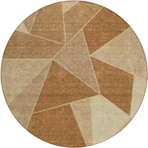 Photo of 8' Orange Copper And Beige Round Geometric Washable Indoor Outdoor Area Rug