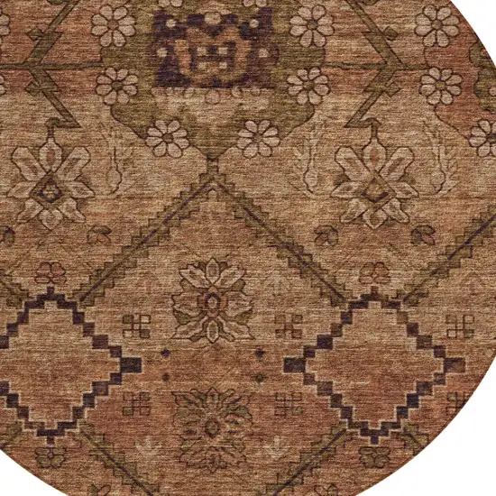 8' Orange Copper And Brown Round Floral Washable Indoor Outdoor Area Rug Photo 4