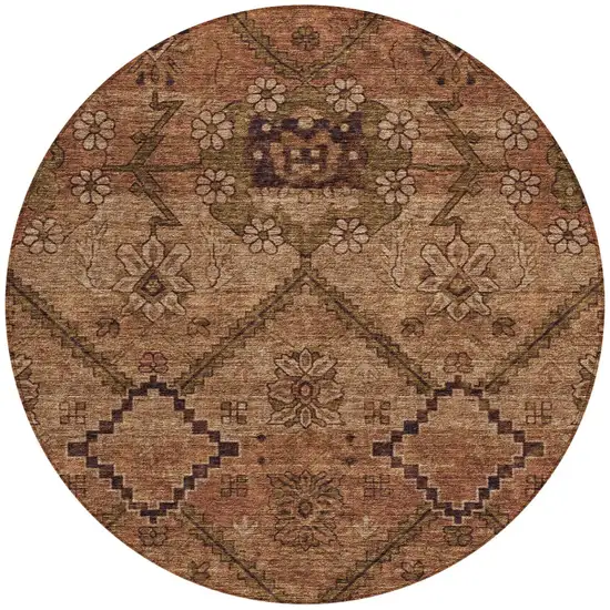 8' Orange Copper And Brown Round Floral Washable Indoor Outdoor Area Rug Photo 5