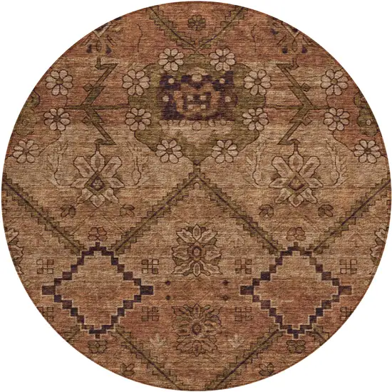 8' Orange Copper And Brown Round Floral Washable Indoor Outdoor Area Rug Photo 2