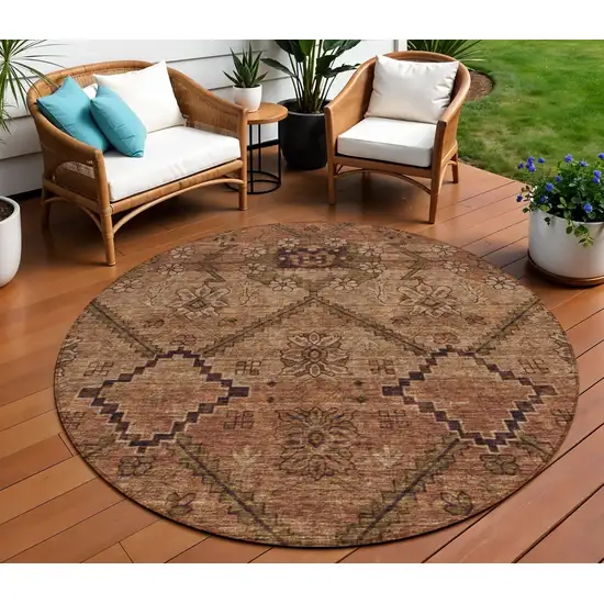 8' Orange Copper And Brown Round Floral Washable Indoor Outdoor Area Rug Photo 1