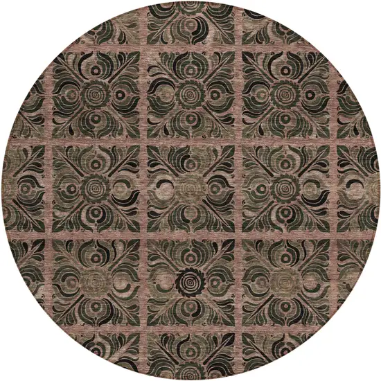 8' Orange Copper And Charcoal Round Medallion Washable Indoor Outdoor Area Rug Photo 2