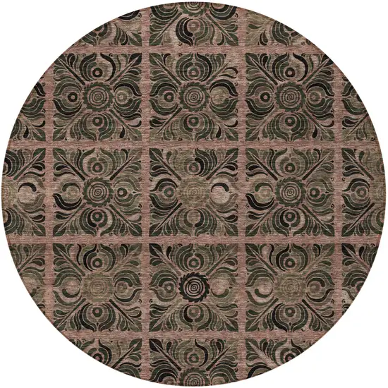 8' Orange Copper And Charcoal Round Medallion Washable Indoor Outdoor Area Rug Photo 6