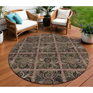 Photo of 8' Orange Copper And Charcoal Round Medallion Washable Indoor Outdoor Area Rug