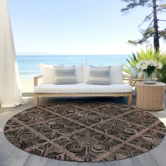 8' Orange Copper And Charcoal Round Medallion Washable Indoor Outdoor Area Rug Photo 7