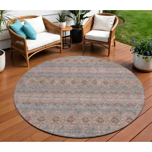 Photo of 8' Orange Copper And Gray Round Floral Medallion Washable Indoor Outdoor Area Rug