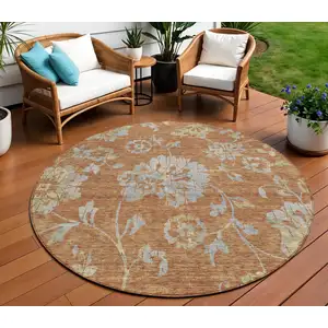 Photo of 8' Orange Copper And Gray Round Floral Washable Indoor Outdoor Area Rug