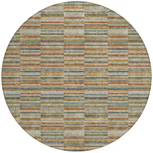 Photo of 8' Orange Copper And Gray Round Striped Washable Indoor Outdoor Area Rug