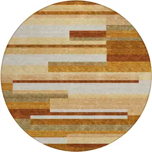 Photo of 8' Orange Copper And Taupe Round Striped Washable Indoor Outdoor Area Rug