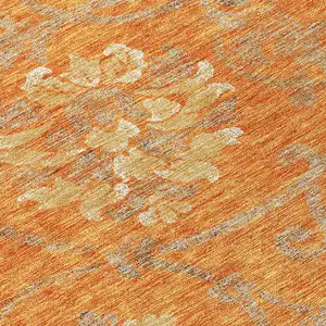 Photo of 8' Orange Gray And Beige Round Floral Washable Indoor Outdoor Area Rug