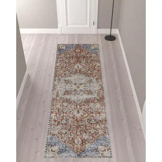 10' Orange Ivory And Blue Floral Power Loom Runner Rug With Fringe Photo 2