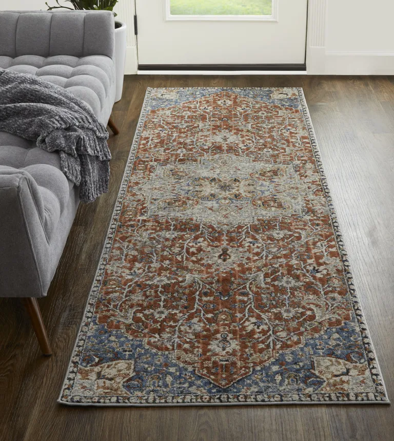 10' Orange Ivory And Blue Floral Power Loom Runner Rug With Fringe Photo 3