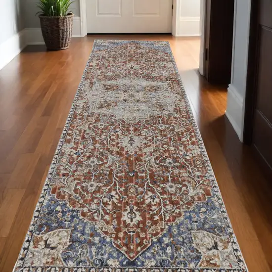 10' Orange Ivory And Blue Floral Power Loom Runner Rug With Fringe Photo 1