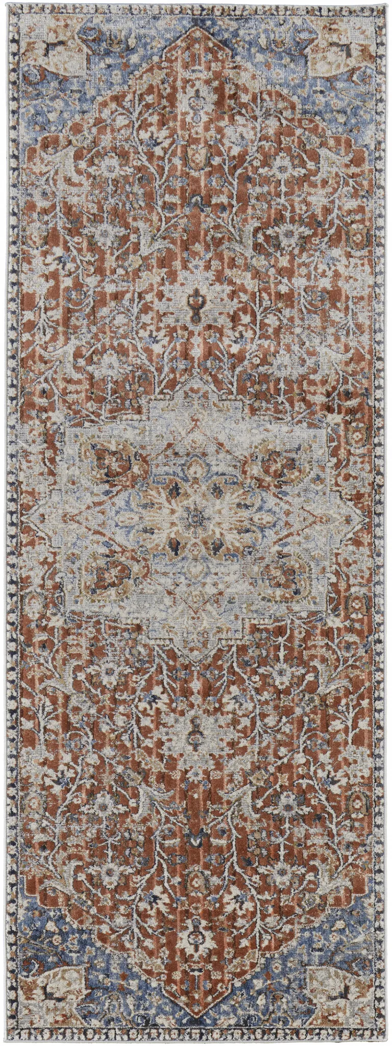 10' Orange Ivory And Blue Floral Power Loom Runner Rug With Fringe Photo 1