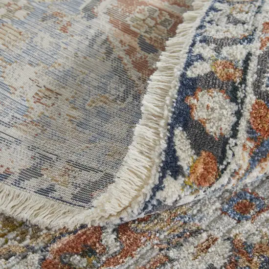 10' Orange Ivory And Blue Floral Power Loom Runner Rug With Fringe Photo 6