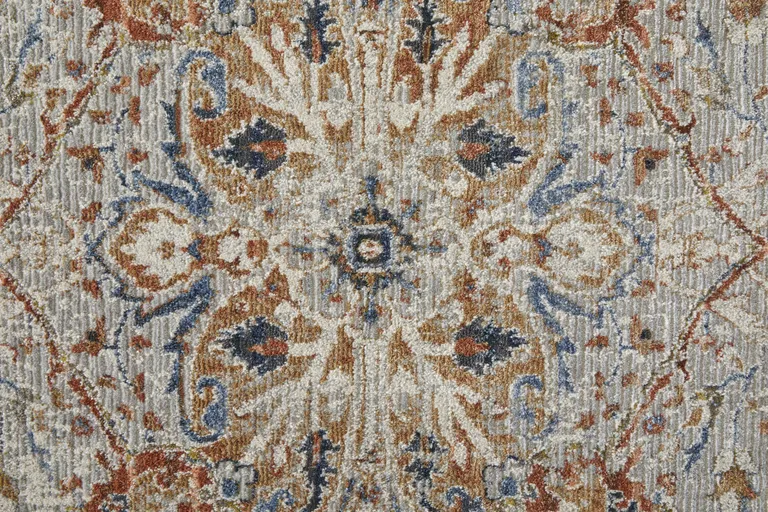 8' Orange Ivory And Blue Floral Power Loom Runner Rug With Fringe Photo 5