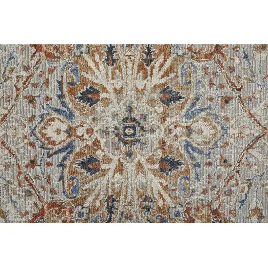 8' Orange Ivory And Blue Floral Power Loom Runner Rug With Fringe Photo 5