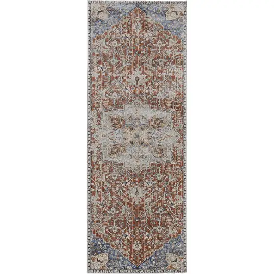 8' Orange Ivory And Blue Floral Power Loom Runner Rug With Fringe Photo 1