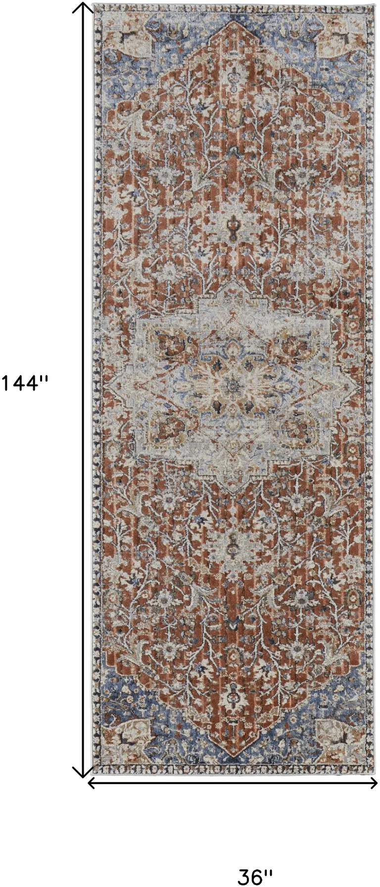 12' Orange Ivory And Blue Floral Power Loom Runner Rug With Fringe Photo 4