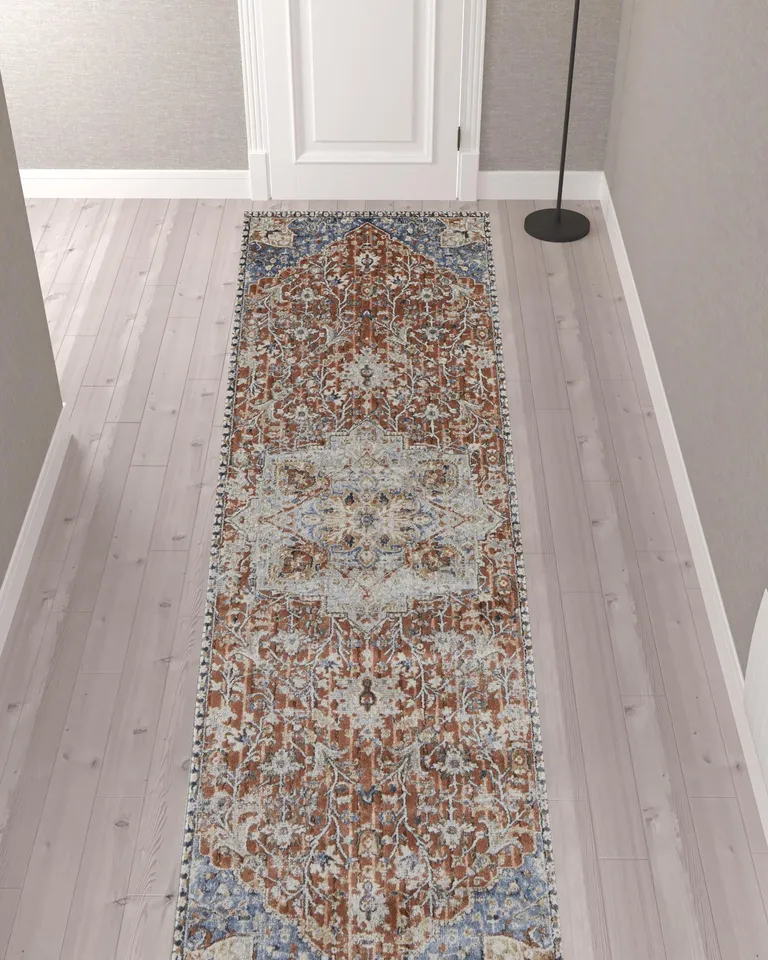 12' Orange Ivory And Blue Floral Power Loom Runner Rug With Fringe Photo 2