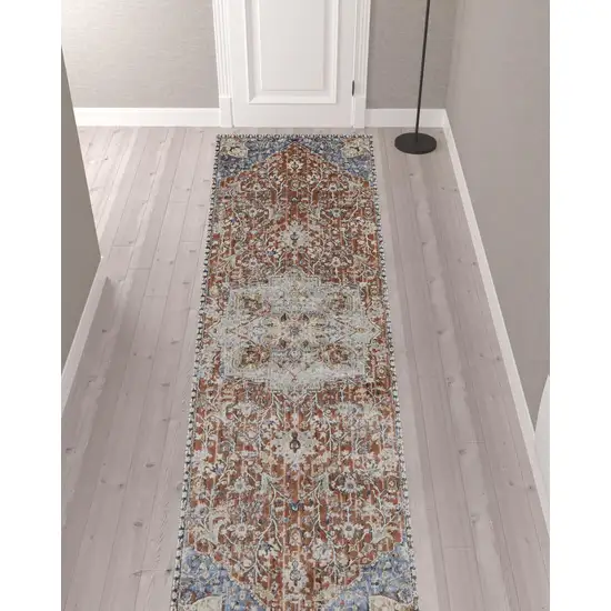 12' Orange Ivory And Blue Floral Power Loom Runner Rug With Fringe Photo 2