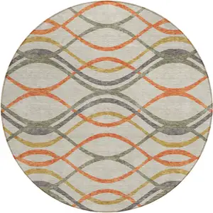 Photo of 8' Orange Ivory And Gray Round Abstract Washable Indoor Outdoor Area Rug