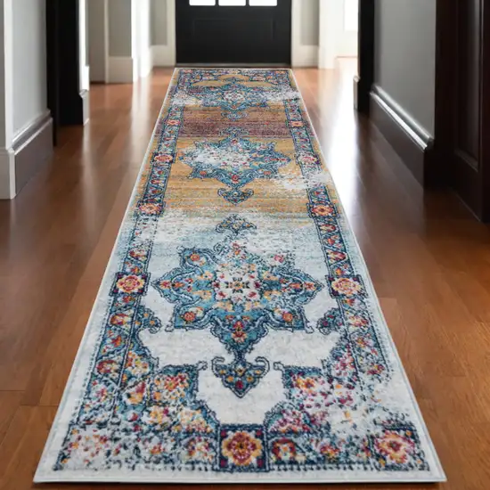 10' Blue Red and Orange Medallion Power Loom Runner Rug Photo 1