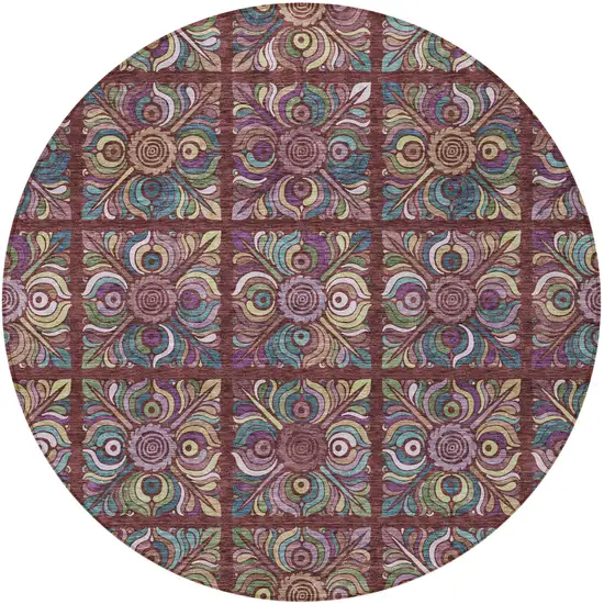 8' Orange Purple And Teal Blue Round Medallion Washable Indoor Outdoor Area Rug Photo 6