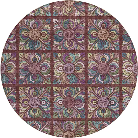 8' Orange Purple And Teal Blue Round Medallion Washable Indoor Outdoor Area Rug Photo 2