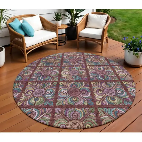 8' Orange Purple And Teal Blue Round Medallion Washable Indoor Outdoor Area Rug Photo 1