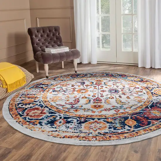 6' Orange Round Floral Power Loom Area Rug Photo 6