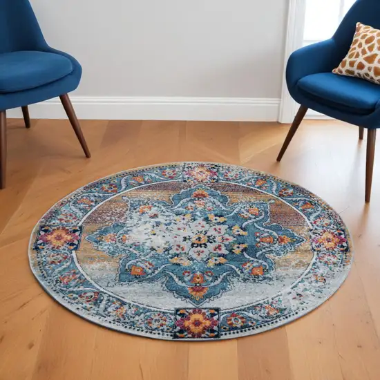 6' Blue Red and Orange Medallion Power Loom Round Rug Photo 1