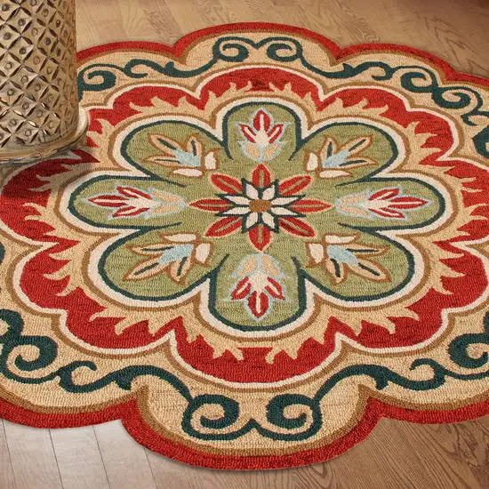 4' Orange Round Wool Floral Hand Tufted Area Rug Photo 3