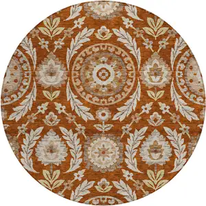 Photo of 8' Orange Taupe And Gold Round Floral Washable Indoor Outdoor Area Rug