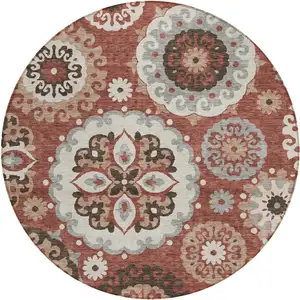 Photo of 8' Orange Taupe And Gray Round Floral Medallion Washable Indoor Outdoor Area Rug