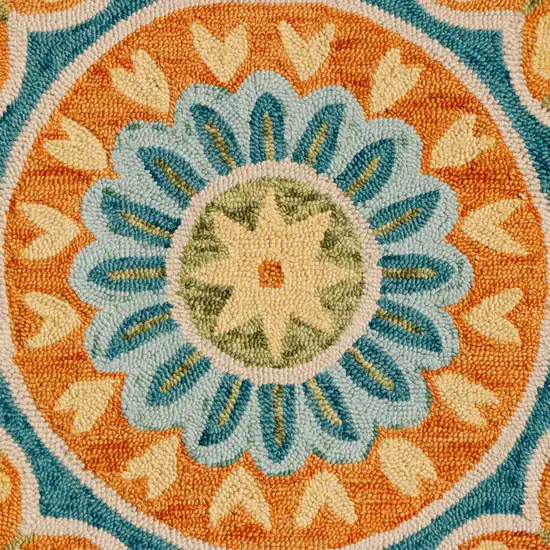 4' Orange and Blue Round Wool Floral Hand Tufted Area Rug Photo 5